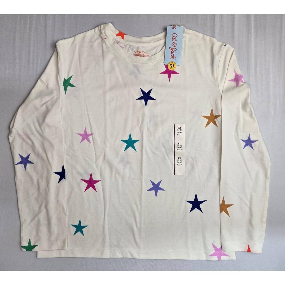Cat & Jack Kids XL 14 Long Sleeve Star Print Graphic Tee Cream Multi Color